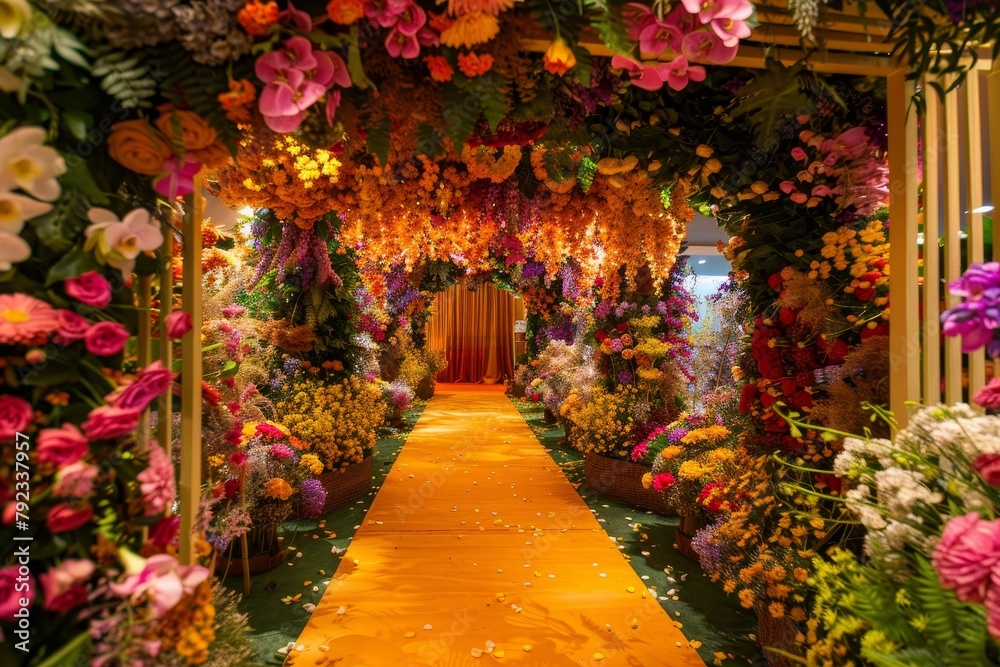 Indian wedding stage decorated with various color flowers props and lights Yellow themed decor with floral arch