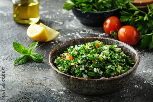 Levantine salad on rustic concrete background with parsley mint bulgur tomato Middle eastern meze Text space
