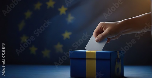 Voting / election concept: hand holding voting card with country national flag, inserting it into white ballot box; clean neutral background — European Union photo