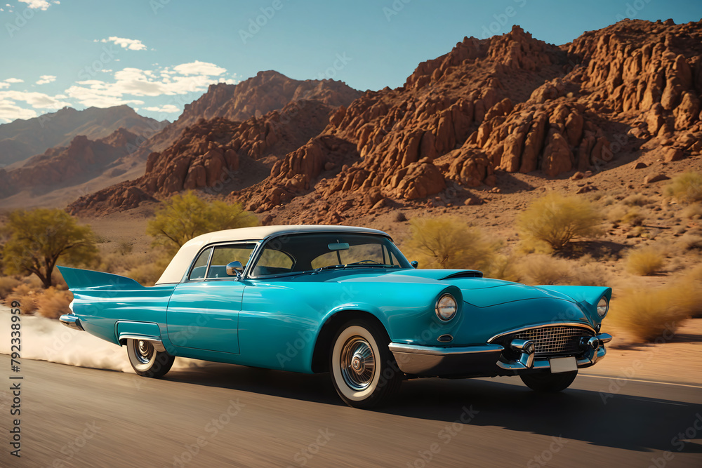 Naklejka premium A classic car driving at high speed on asphalt road at sunset, Generative AI