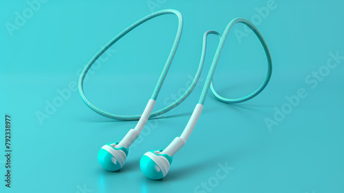 Turquoise earphones with a textured cord lie against a matching turquoise background, representing modern music accessories.