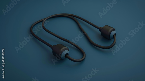 Sleek, dark-colored earbuds with a flexible cord displayed on a deep blue backdrop, emphasizing contemporary audio devices. photo