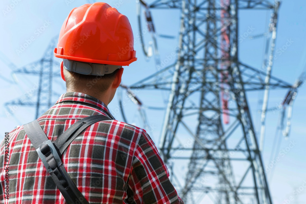 Construction site inspector in hardhat, ensuring safety at an electric power line installation Construction site inspector in hardhat, ensuring safety at an electric power line installation