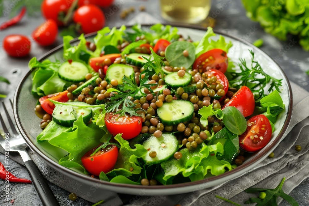 Nutritious salad with mung beans veggies and greens
