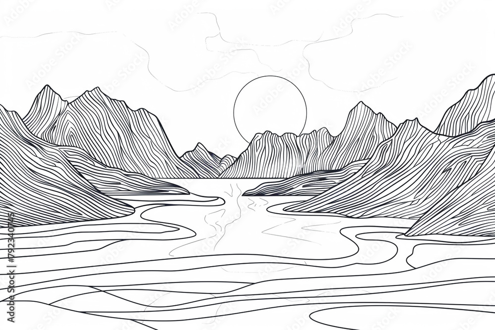 Naklejka premium Continuous line art of a serene landscape one line forming mountains and rivers pure simplicity