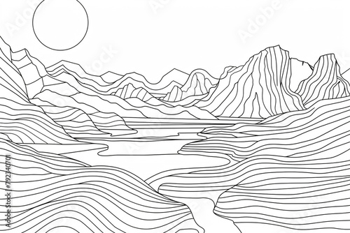 Continuous line art of a serene landscape one line forming mountains and rivers pure simplicity