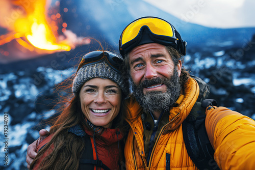 selfie portrait of happy couple of mountaineering travelers next to dangerous active erupting volcano in mountains