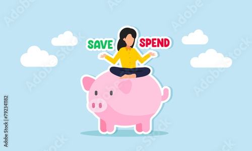 Financial choice: save or spend, invest or pay debt, upon receiving bonus or extra income, concept of Skeptical woman seated on piggy bank, weighing choices between saving and spending