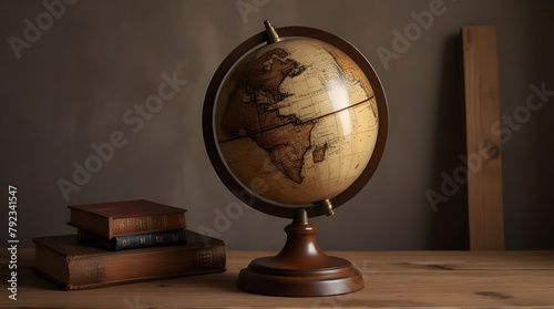 single brown vintage globe on a wooden stand, copy space, blurred background.generative.ai 