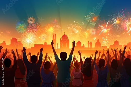 Illustration of people celebrating India Independence Day with flags and fireworks 