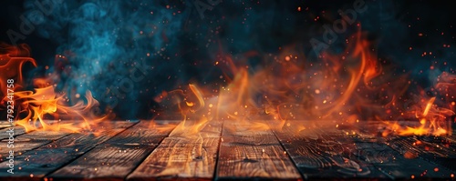 An empty wooden surface stands before an intense, blazing fire with sparks flying, suggesting a sense of anticipation. copy space for text. photo