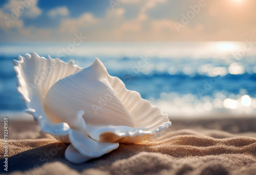 'blue beach created white beautiful podium clear sky seashell poduim generative ai shell sea scallop nature sand summer ocean pearl marin seafood animal isolated mollusc object'