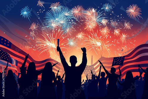 Illustration of people celebrating US Independence Day with flags and fireworks