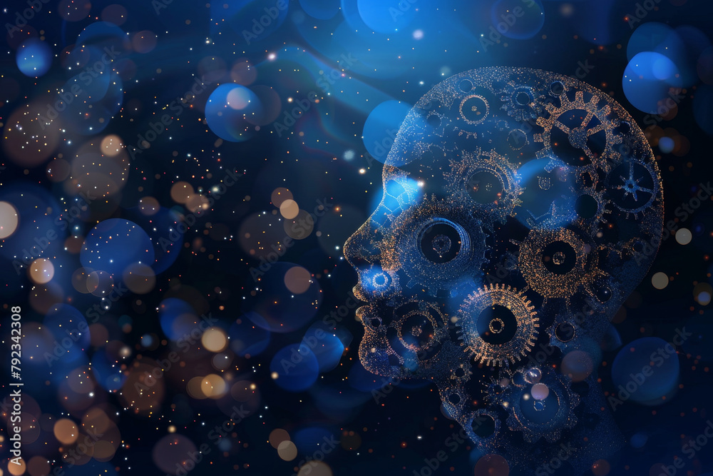 A blue and brown head with gears on it A blue and brown head with gears on it