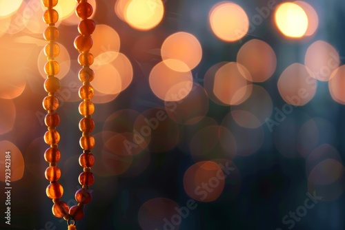 Ramadan Kareem poster with Islamic prayer bead background for Muslim festival celebration photo