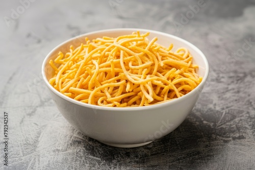 Ratlami Sev is a spicy snack made from chickpea flour dough deep fried and eaten with Poha or Jalebi photo