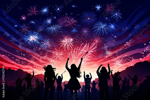 Illustration of people celebrating US Independence Day with flags and fireworks