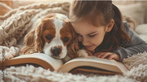 A dog and a little girl snuggled up together on a soft blanket, reading a book.  photo