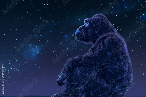 A gorilla is sitting in the dark with stars in the background
