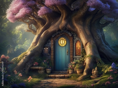 fairy-tale house of forest gnomes in the trunk of a huge tree with pink leaves in a mysterious forest, a blue door with a small round window that glows with a warm yellow light