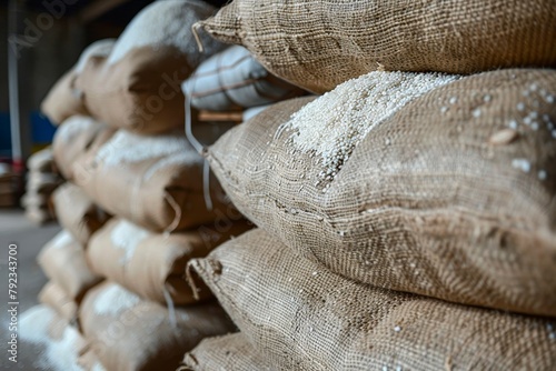 Rice in sack in rice warehouse stacked canvas bags