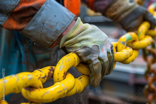 Rigger wearing heavy duty glove inspects lifting chains in Perth Australia