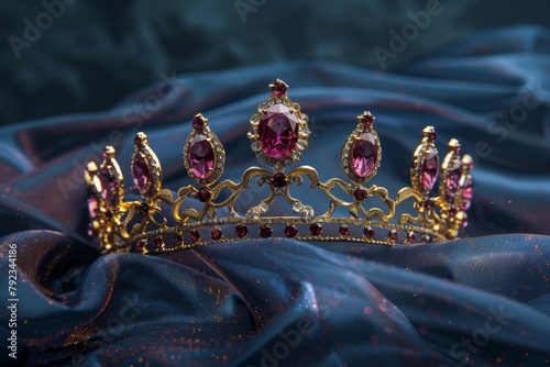 Royal crown with red and white gems on soft fabric with vibrant hues and soft focus photo