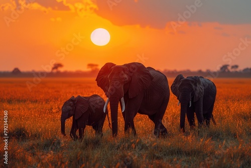 A family of elephants trekking across the savannah at sunset, a testament to the wilds enduring spirit