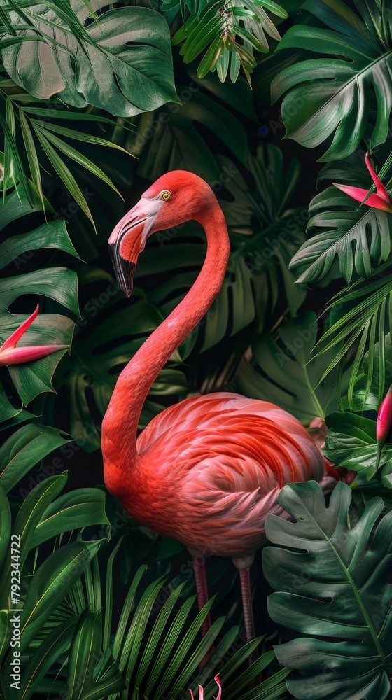 Fototapeta premium Flamingo and tropical leaves frame, vibrant sale banner with text overlay