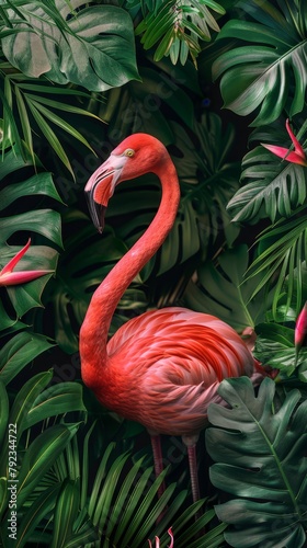 Flamingo and tropical leaves frame, vibrant sale banner with text overlay © FoxGrafy