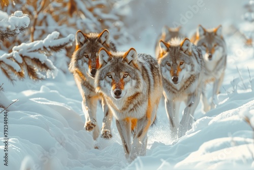 A pack of wolves moving silently through a snow-covered forest  the essence of wild survival captured