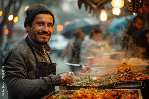 A street food vendor preparing local delicacies, the smells and flavors enticing passersby