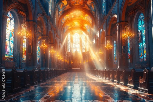 The solemn ambiance inside a historic cathedral  with light streaming through stained glass windows