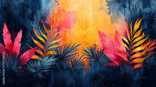 Abstract art, seamless patterns, watercolor painting, children's wallpaper. Hand-drawn plants. Palm trees, rainforests, leaves, flowers. Modern art. Prints, wallpapers, posters, cards, murals.