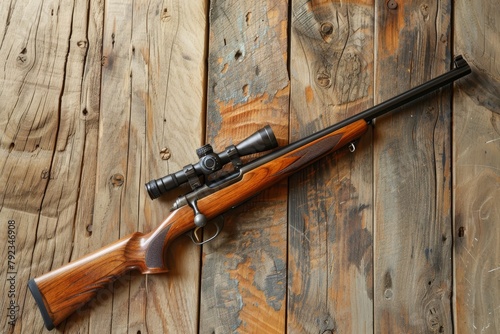 Small caliber rifle with 22lr and optical sight on wooden background Hunting weapon on table