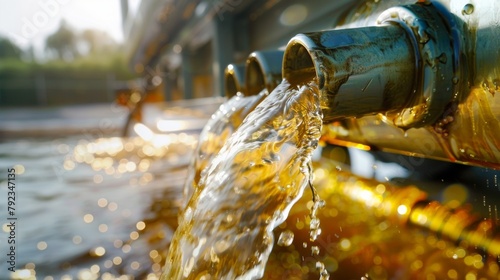 A closeup shot of a trucks fuel tank being filled with clear golden liquid. The caption reads Biofuel made from animal fat Thanks to transesterification its possible . photo