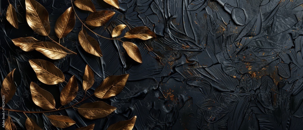 Naklejka premium Black metal background with a textured gold leaf pattern