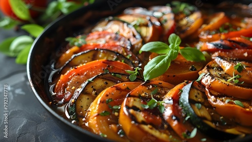 French Ratatouille: A Homemade Healthy Vegetable Stew Showcasing Culinary Sophistication. Concept Vegetarian Cuisine, French Recipes, Homemade Meals, Healthy Cooking, Culinary Sophistication photo