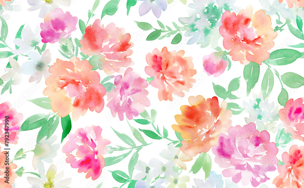 Seamless pattern illustration of carnations with a watercolor background and transparency