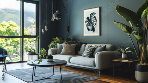 Living room with dark green background, interior in stylish modern style, designed with grey sofa, coffee table. Comfortable house Living room with beautiful garden views. home decoration