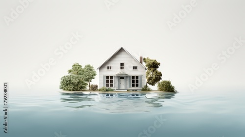 Minimalist 3D depiction of a single house surrounded by rising water levels, isolated and vulnerable