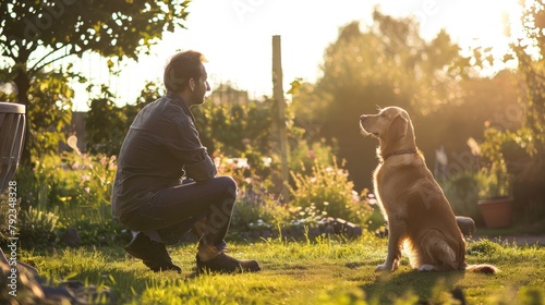A dog owner training their dog to sit and stay obediently in a picturesque garden.  © kimly