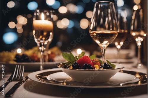 'restaurant table set fancy nner eatery dinner celebration anticipation decoration rustic ceiling plate pine cone wine glass chandelier dining elegance selective focus food interior indoor day no'