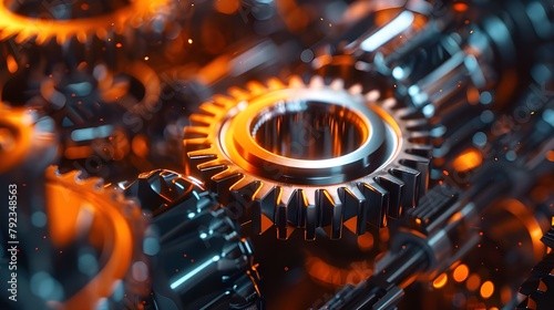 Close-up of Machine Gears ; science and technology light reflection color, close up view of a gears, Blue gears technology background, hi-tech digital technology and engineering Ai generated