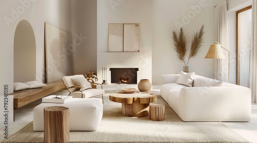 White Wabi-Sabi Living Room with Fireplace, Dried Pampas Grass, Wooden Coffee Table, Floor Lamp, and Minimalist Decor, Cozy and Simple Aesthetic，3D Render 