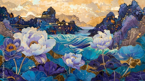 Traditional seaside peony pattern illustration poster background