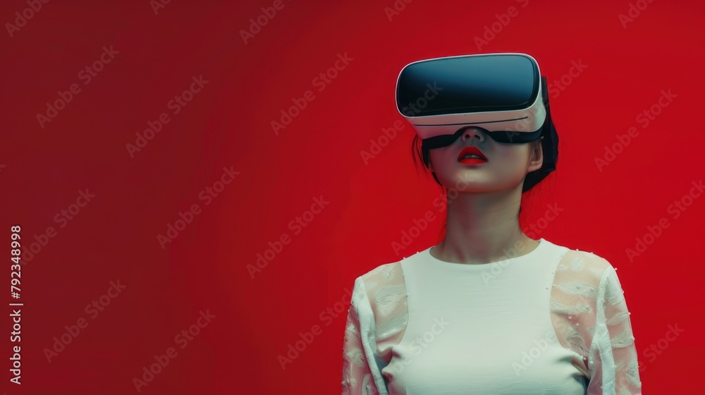 Portrait of woman using VR metaverse headset on red background, Woman wearing virtual reality headset