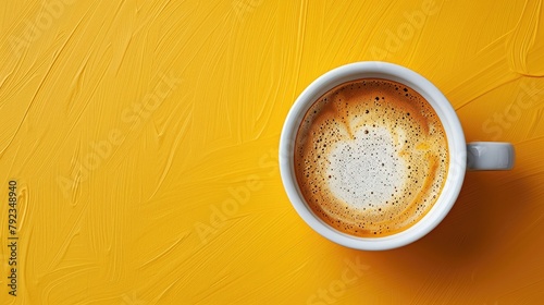 Top view of a coffee cup with a funny pun about coffee on a yellow and white background.,art photo photo