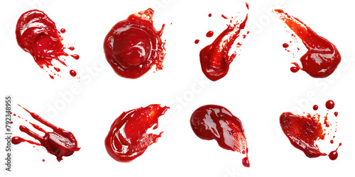 Collection of red ketchup sauce stain cutout clipping path png isolated on white or transparent background