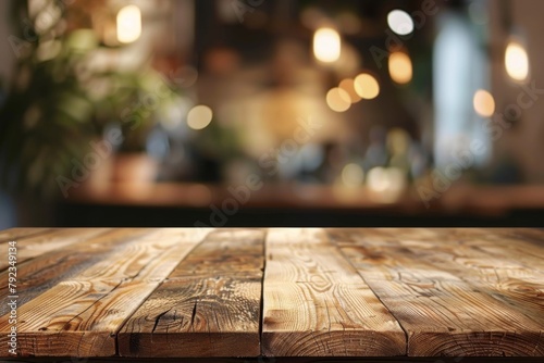 Wooden table with blurred background created with Generative AI © dendyh7